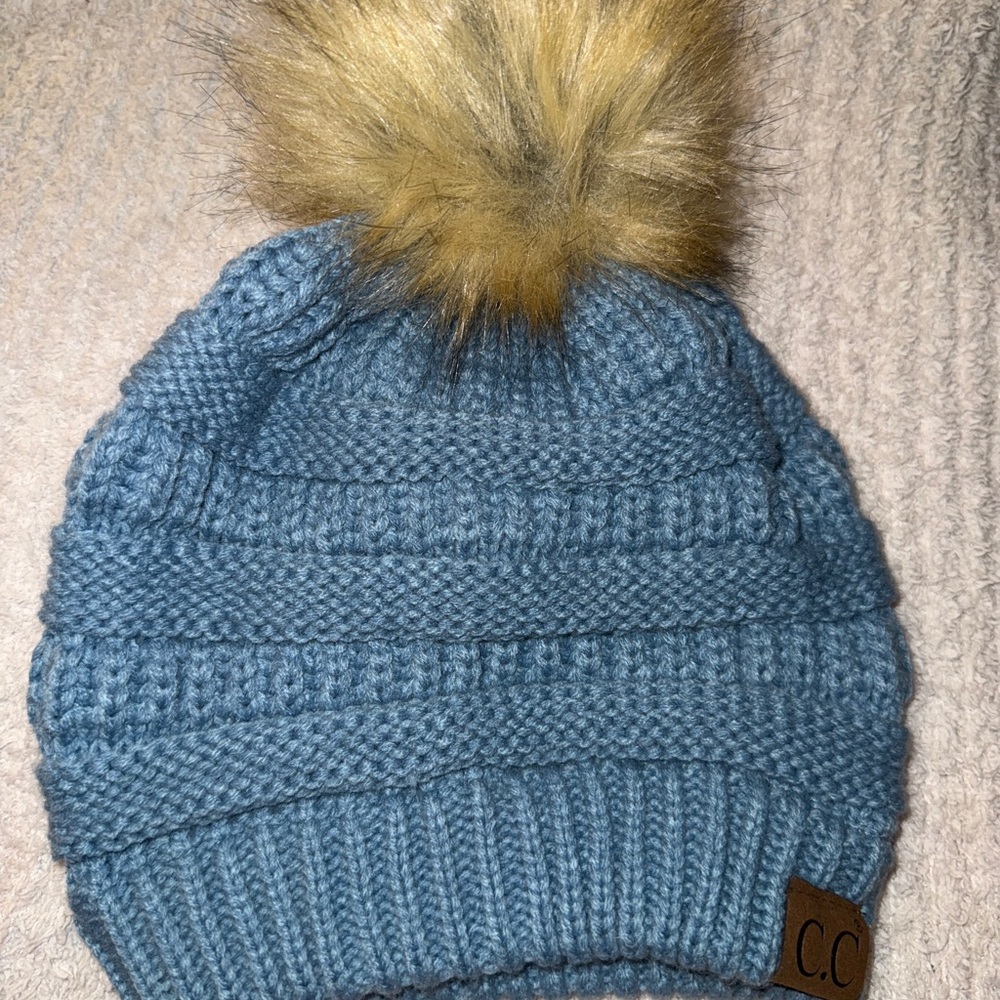 C.C K Blue Knit Beanie with Pom - Picture 2 of 7